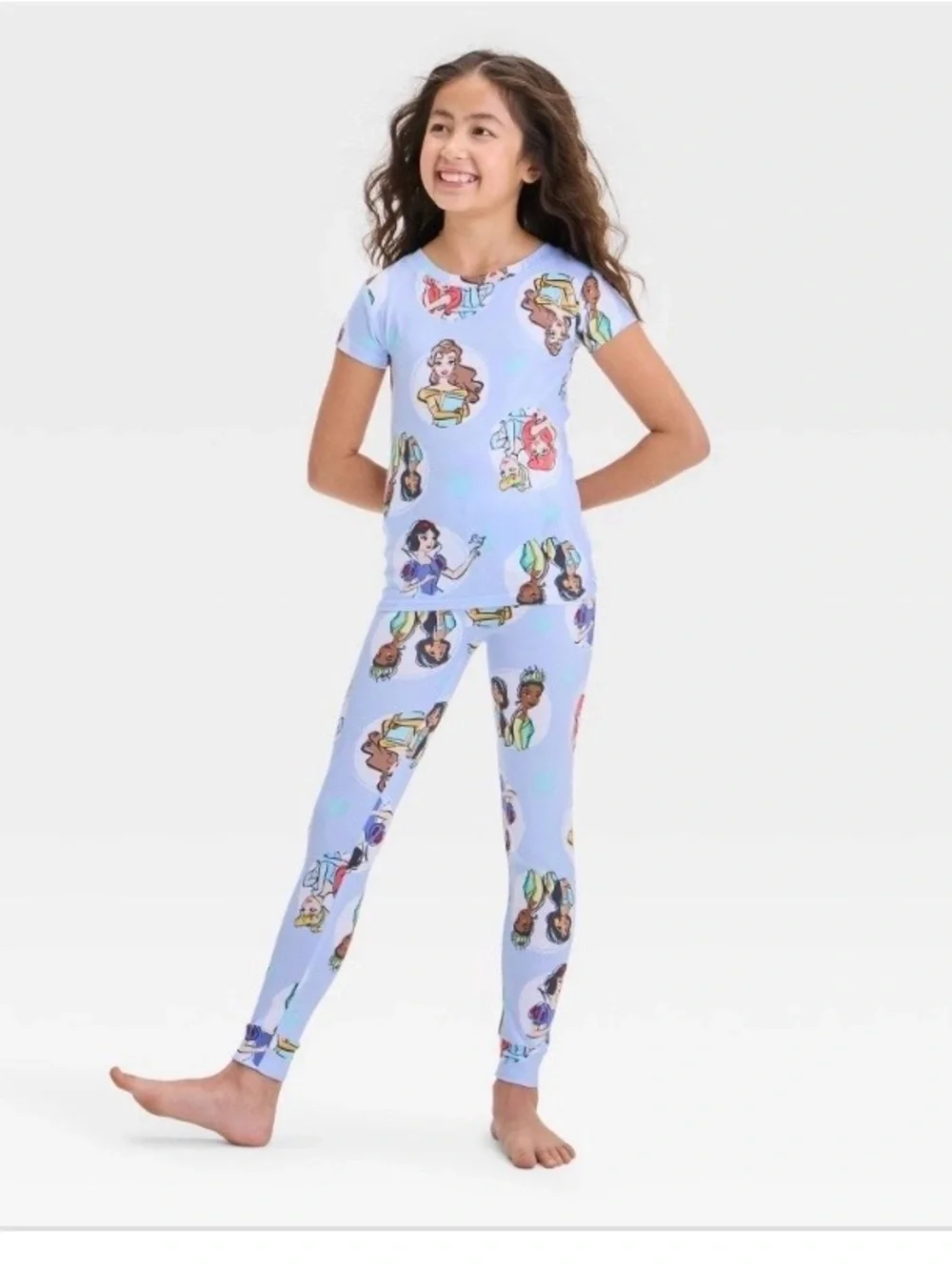 Girls' Disney Princess 3pc Pajama Set - Blue Crew Neck, Jersey Fabric Size 10